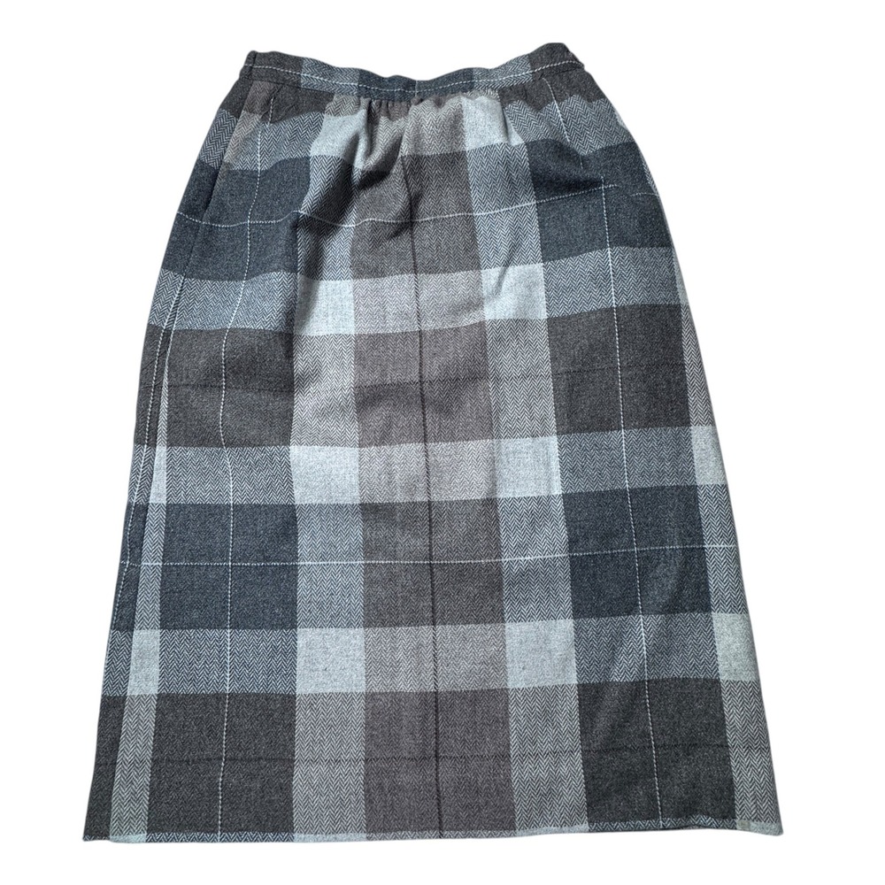 Boston Traveler Midi Skirt Womens 12 Grey Plaid Wool Herringbone Dark Academia
